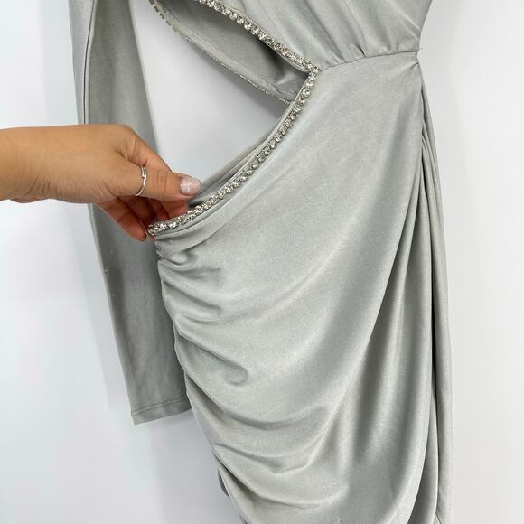 Khanum's | NWT One Shoulder Sash Mini Dress in Silver Party Rhinestone Trim XS - Picture 14 of 16